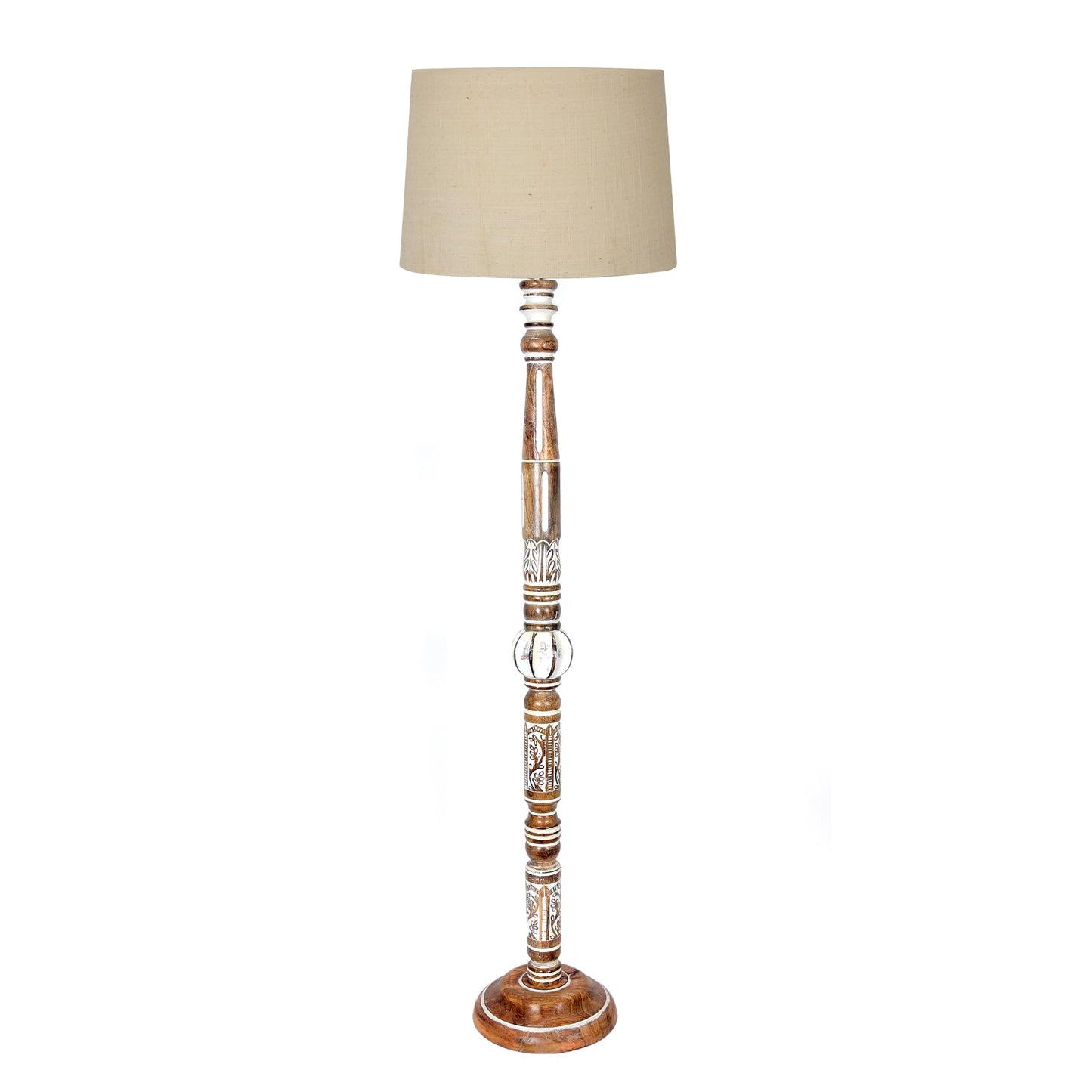 Royal Carving Antique white finish wooden floor lamp with Beige Fabric Lamp Shade
