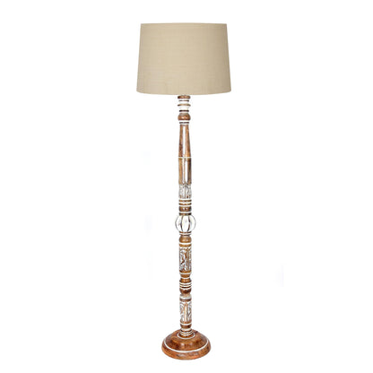 Royal Carving Antique white finish wooden floor lamp with Beige Fabric Lamp Shade