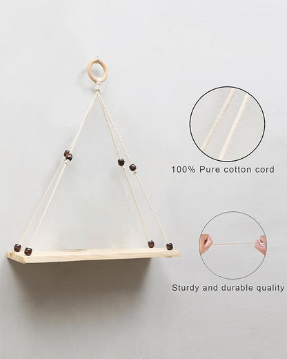Wooden Wall Hanging Shelves ,Macrame Hanging Plant Shelf with Tassel,Boho Storage Floating Shelves Handmade Rustic Hanger Planter Rack Pot Stand Holder
