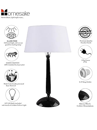 Glossy Black Cubist Aluminium Table Lamp With Drum Shade, Bedside, Living Room Study Lamp, Bulb Included