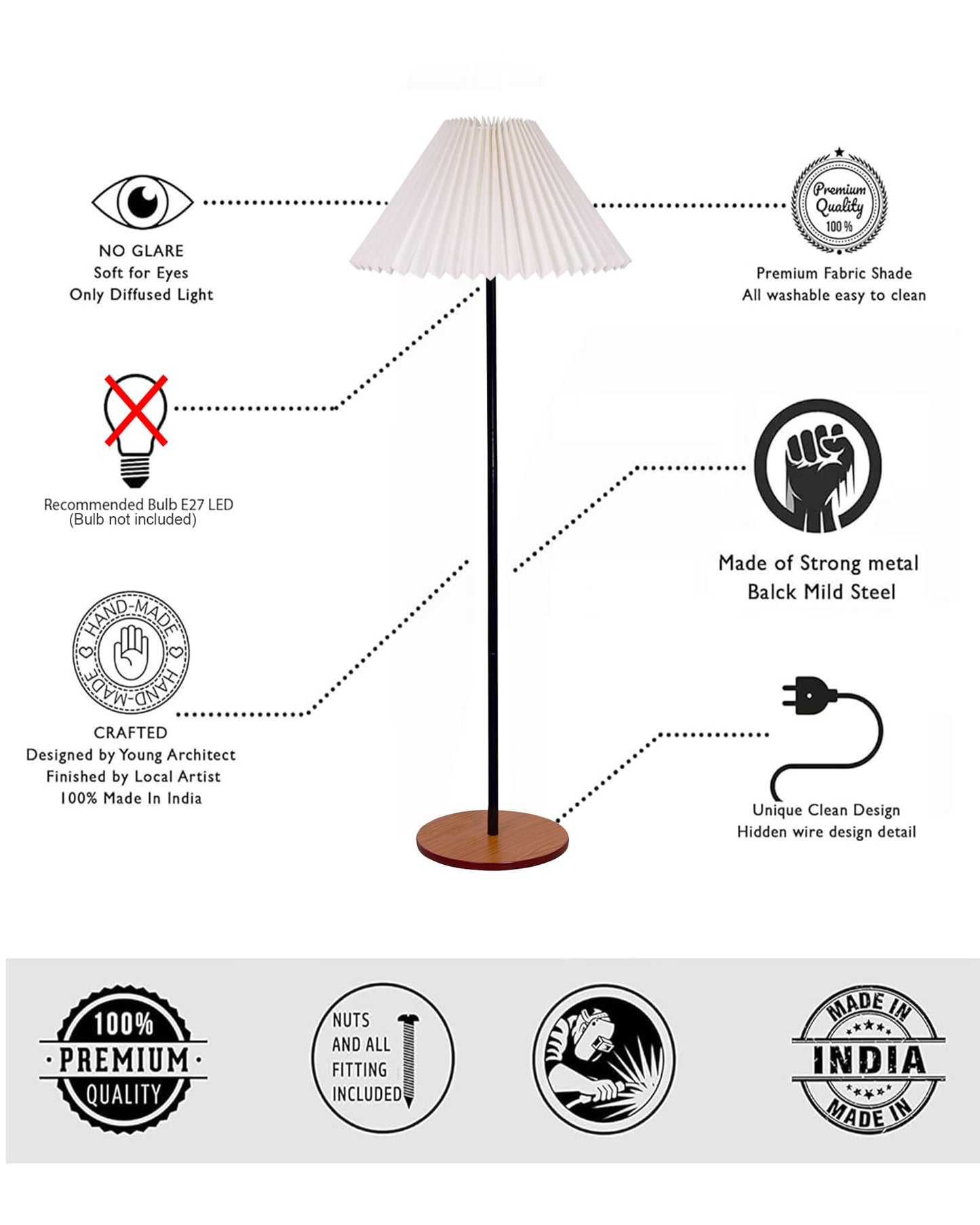Homesake® Modern Floor Lamp for Living Room Traditional Farmhouse Boho Floor Lamp Mid-Century Pole Lamp, Linen Lamp Shade Side Standing Lamps | Corner Lamp Light | Hall Bedroom Office, Pleated White