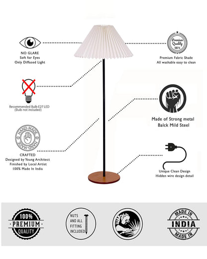 Homesake® Modern Floor Lamp for Living Room Traditional Farmhouse Boho Floor Lamp Mid-Century Pole Lamp, Linen Lamp Shade Side Standing Lamps | Corner Lamp Light | Hall Bedroom Office, Pleated White