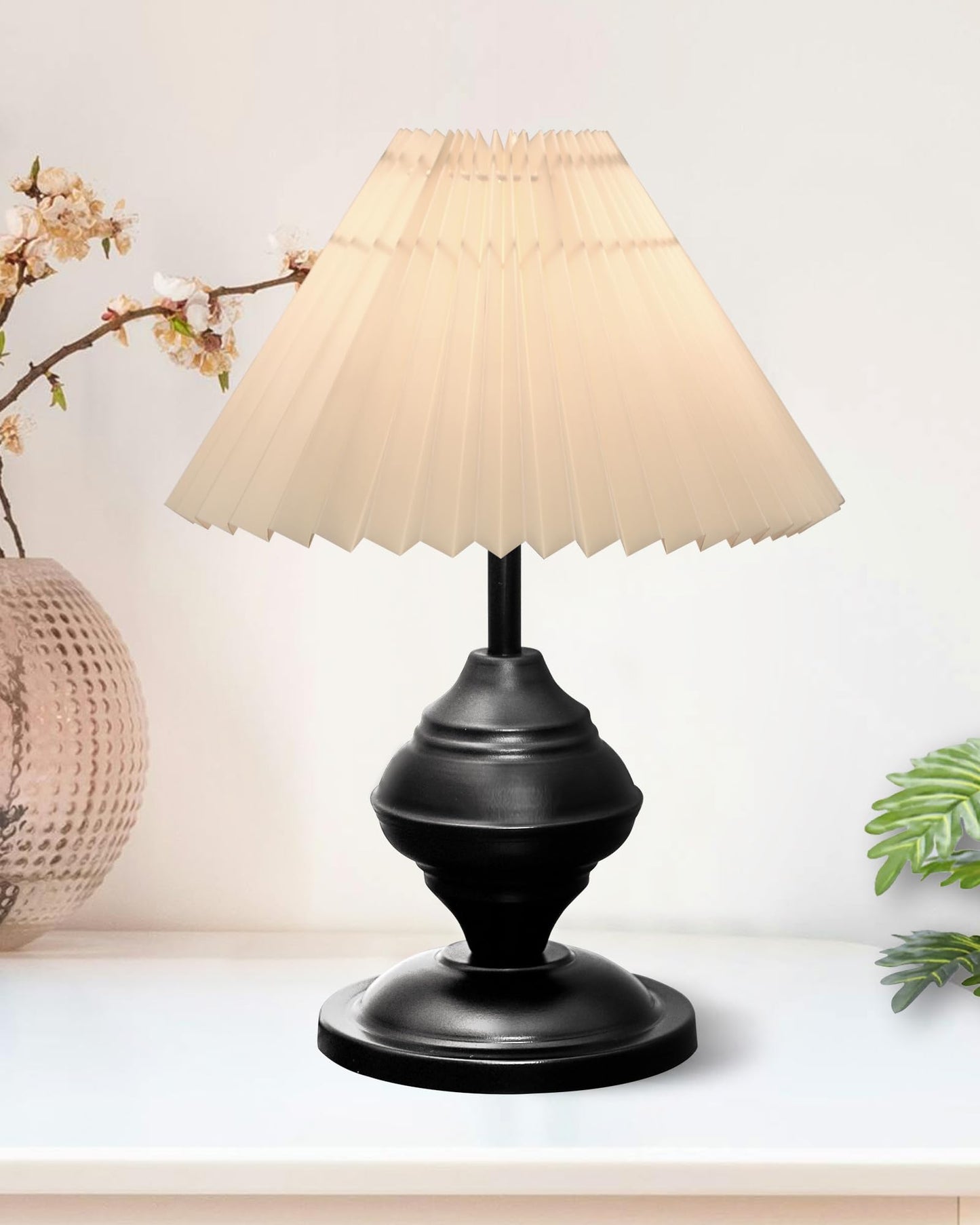 Bedside Black Metal Table Lamp with Fabric Shade, E27 holder, Urn, Pleated Jute Shade