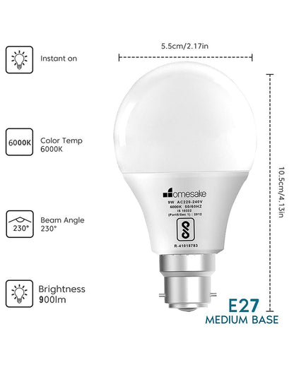 Homesake® B22 Light Bulbs Cool White 6000K 9W Standard Edison Base Bulb,for Bedroom Living Room, Energy Saving LED Light Bulb for Home, Office & Study Room
