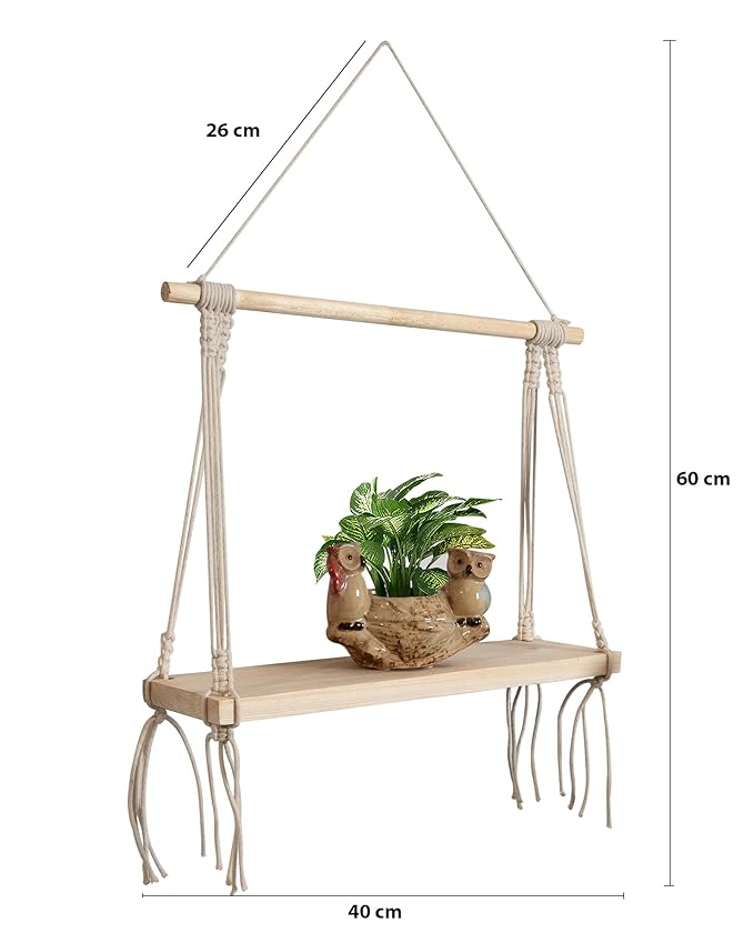 Macrame Wall Hanging Shelf Wood Floating Boho Shelves with Wooden Dowel Modern Chic Hand Woven Art Decor for Apartment Dorm Bedroom Living Room Nursery Beige