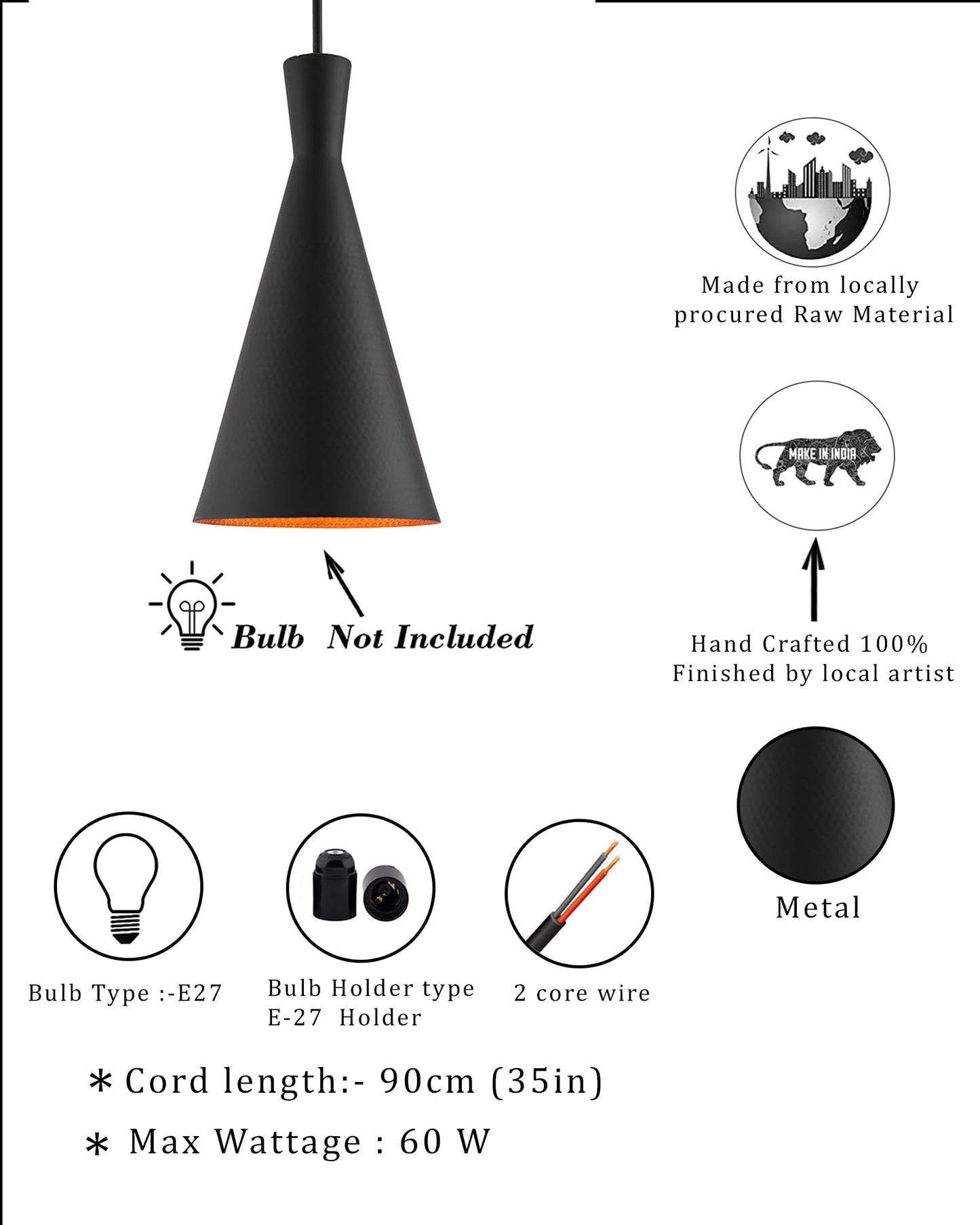 Homesake® Modern Black Metal Pendant Lights - Industrial Style Hanging Cone Lamps for Living Room, Dining Room, Kitchen, Adjustable Cord, LED Compatible, Trendy Home Decor Lighting Fixtures - Set of 2