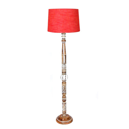 Royal Carving Antique white finish wooden floor lamp with Beige Fabric Lamp Shade