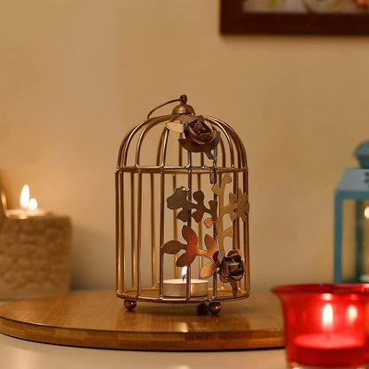 Homesake® Candle Holder | Tealight Holder for Home Décor, Living Room, Table Décor, Pooja Candle Stand Lantern, Room, Diwali Decoration, Wedding & Festival Gift, Metal Birdcage Design, Golden