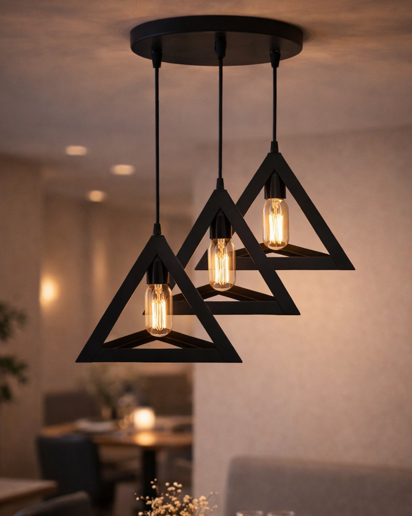3-Lights Cluster Chandelier Triangle 6", E27 Holder, Decorative, Black, URBAN Retro, Nordic Style, LED/Filament Bulb