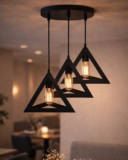 3-Lights Cluster Chandelier Triangle 6", E27 Holder, Decorative, Black, URBAN Retro, Nordic Style, LED/Filament Bulb