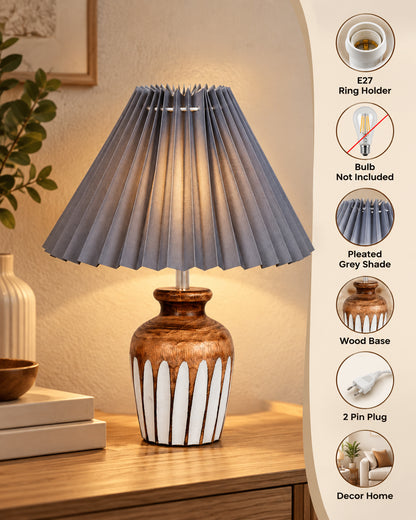 Small Cute Bedside Lamp with Linen Beige Lampshade, Nightstand Lamp for Nursery, Bedroom, Kid Room, Living Room, Light Brown Wooden Base, E27, Ribbed Urn, Pleated Jute