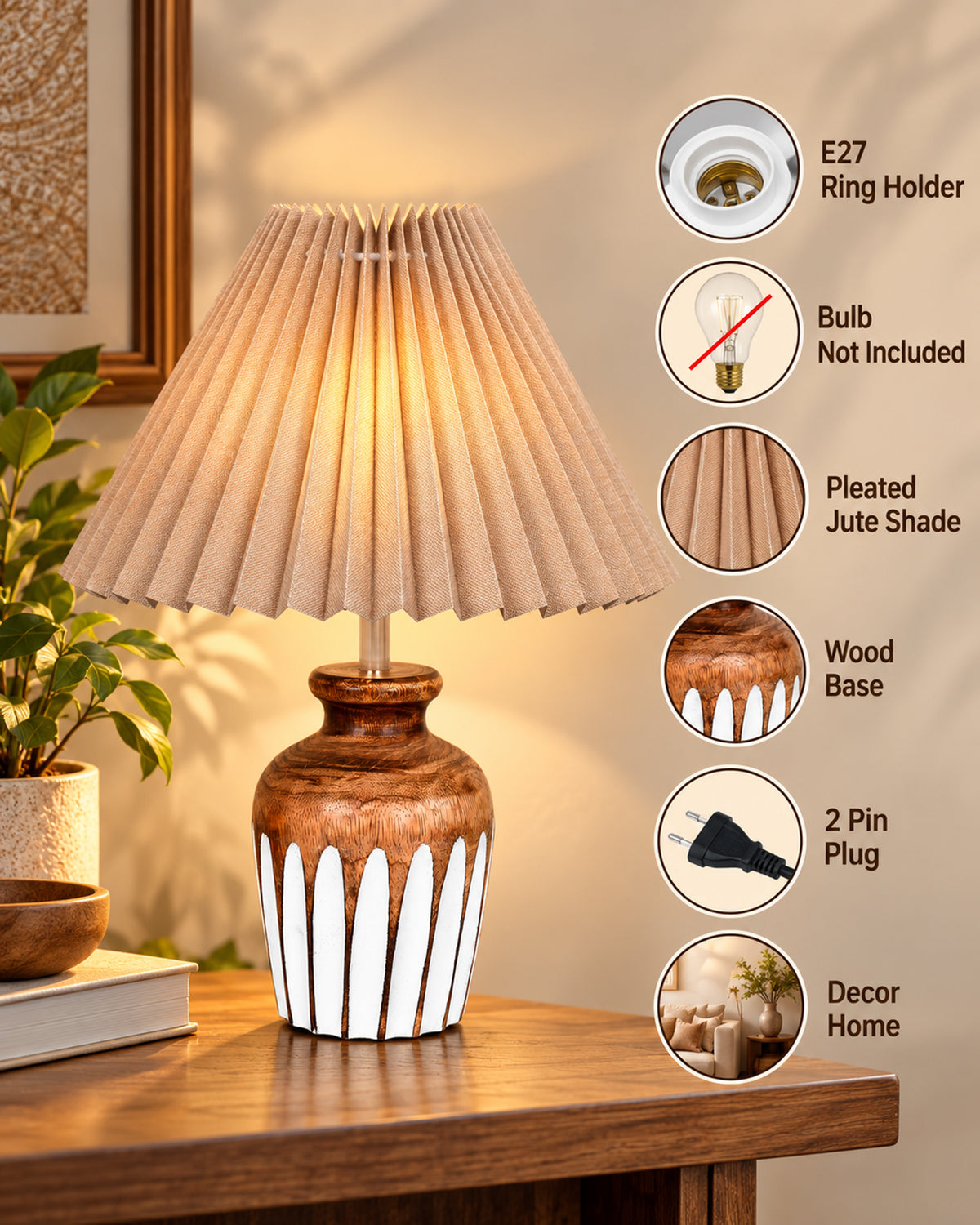 Small Cute Bedside Lamp with Linen Beige Lampshade, Nightstand Lamp for Nursery, Bedroom, Kid Room, Living Room, Light Brown Wooden Base, E27, Ribbed Urn, Pleated Jute