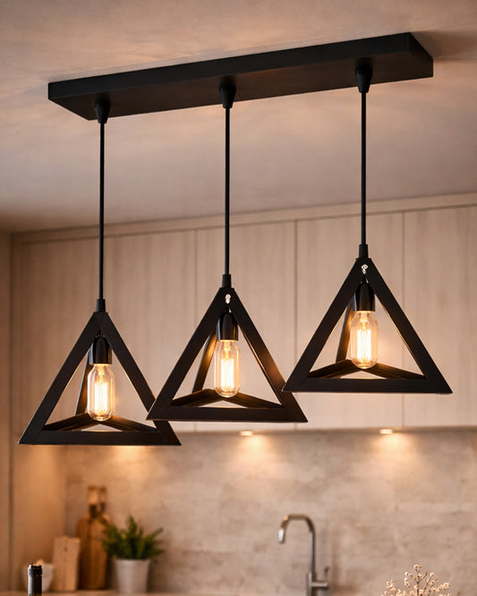 3-Lights Cluster Chandelier Triangle 6", E27 Holder, Decorative, Black, URBAN Retro, Nordic Style, LED/Filament Bulb