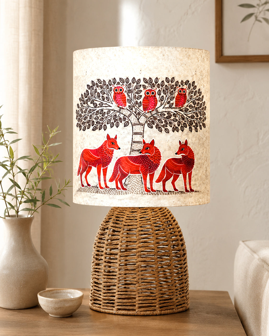 Homesake® Raffia Rattan Table Lamp with Fabric Shade, Small Nightstand Lamp, Natural Wicker Bedside Lamp for Bedroom, Living Room, Study & Home Décor, Livra Collection | E27 Holder