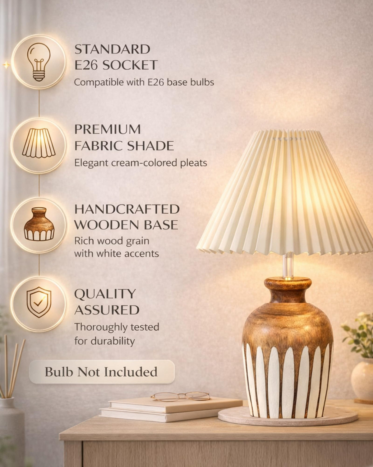 Small Cute Bedside Lamp with Linen Beige Lampshade, Nightstand Lamp for Nursery, Bedroom, Kid Room, Living Room, Light Brown Wooden Base, E27, Ribbed Urn, Pleated Jute