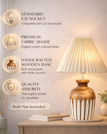 Small Cute Bedside Lamp with Linen Beige Lampshade, Nightstand Lamp for Nursery, Bedroom, Kid Room, Living Room, Light Brown Wooden Base, E27, Ribbed Urn, Pleated Jute