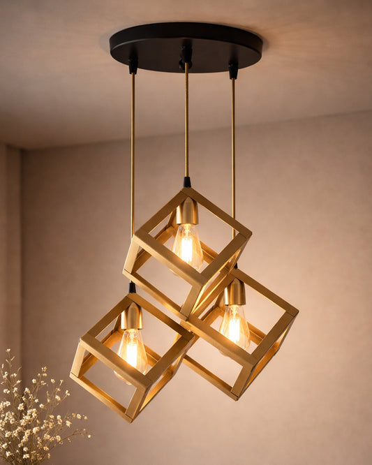 3-lights Round Cluster Chandelier Golden Hanging Cube 6", Hanging Pendant Light with Braided Cord, URBAN Retro, nordic style, LED/filament bulb