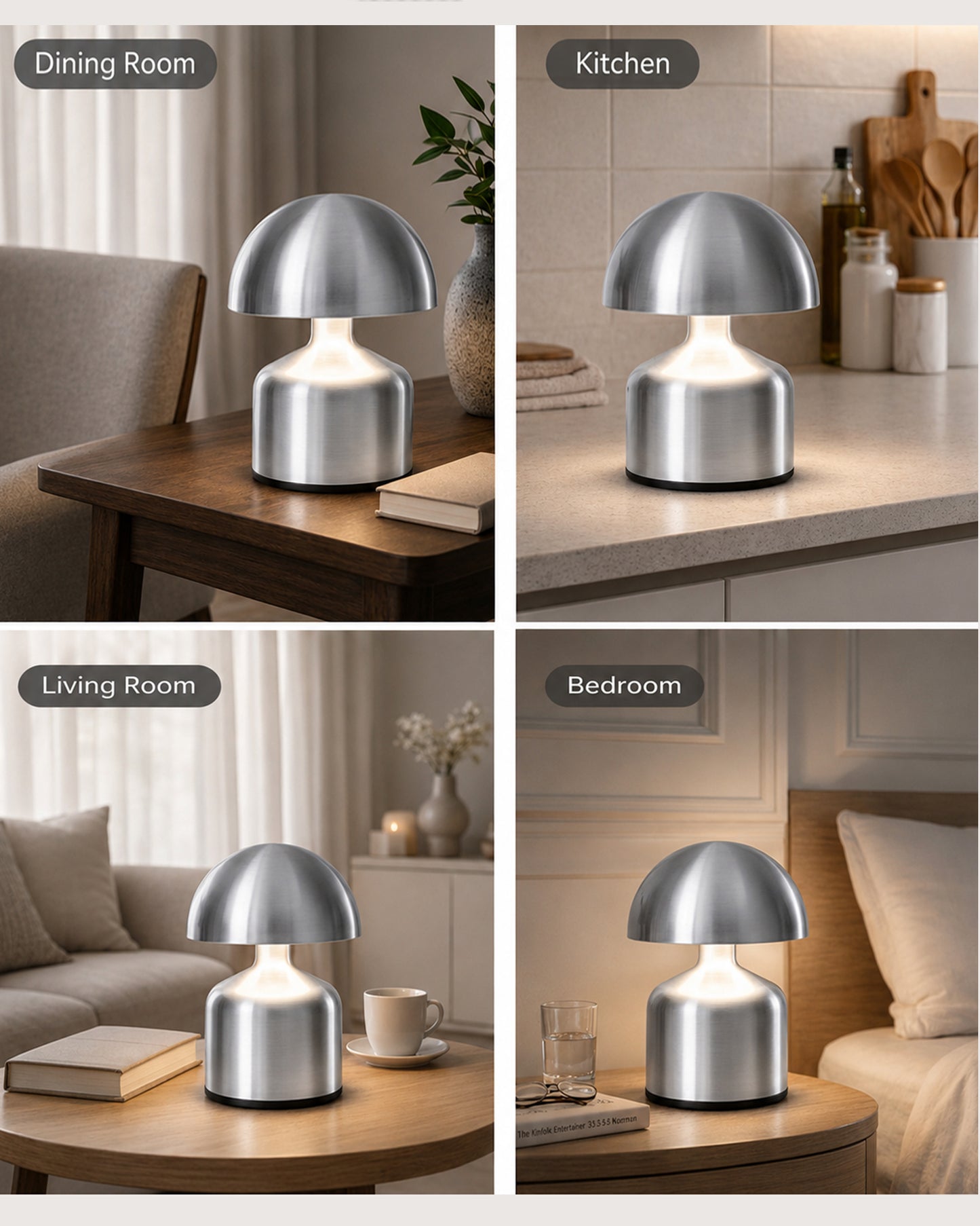 Table Lamp Portable Lamps for Bedroom, Night Lamp, Table Lamp for Bedroom & Living Room, Bedside Lamp, Dimming, 3 Colour Touch Control, Wireless Charging, Metal Mushroom, Gold