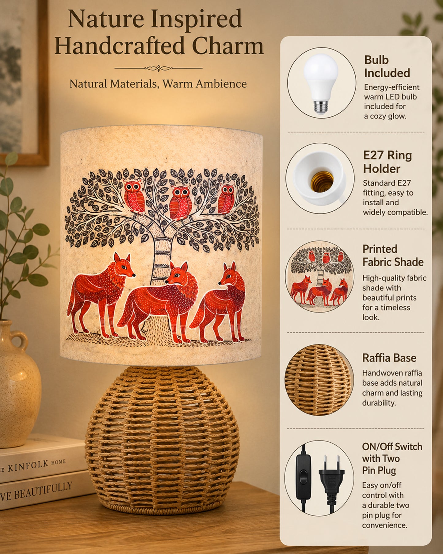 Homesake® Shade Rattan Table Lamp for Bedroom & Living Room, Natural Wicker Bedside Lamp for Bedroom, Living Room & Home Décor, E27 Holder, Livra, Scandinavian, Minimal Style Lighting (Round, Jute)