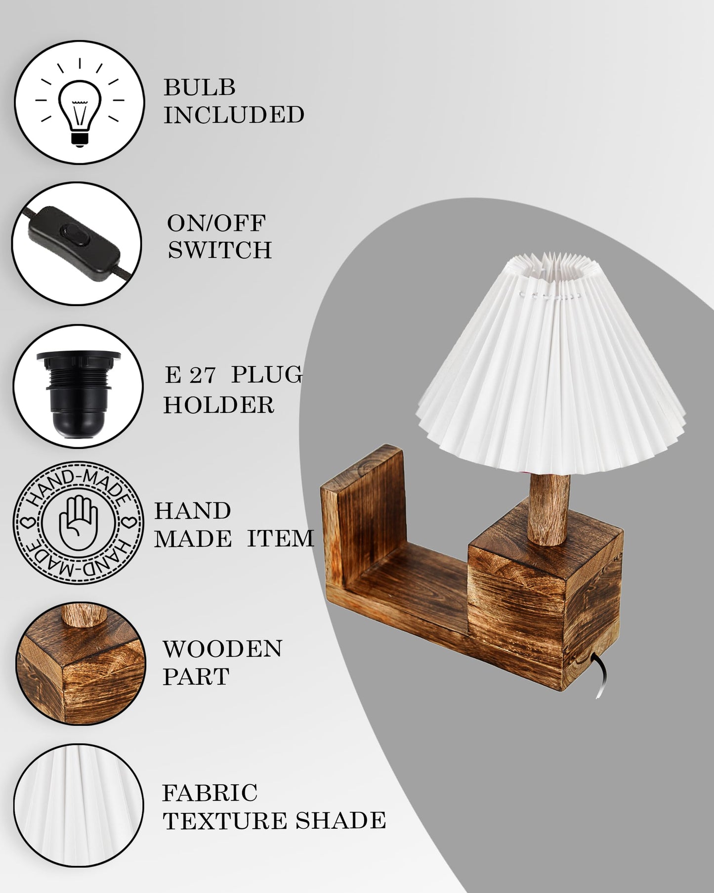 Wood Tripod Small Table Lamps, Rustic Antique Dimmable Bedside Lamp with Linen Lampshade, Nightstand Lamp for Nursery, Bedroom, Kid Room, Living Room,
