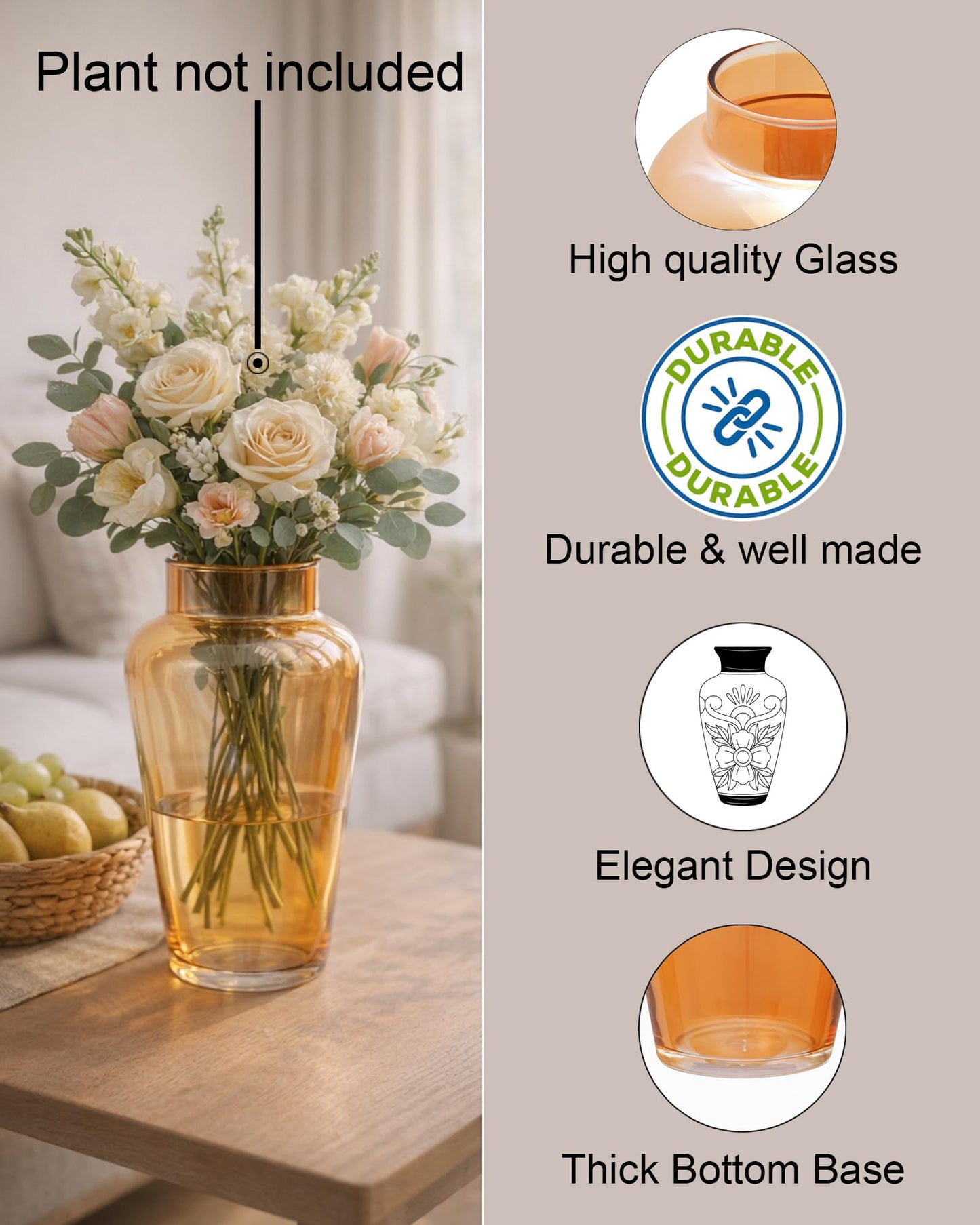 Pitcher Flower Vase for Flower Plants Glass Vase Pot for Living Room Home Decor Dining Table Decoration Water Plants Bedroom Hall Aesthetic House Warming Gift, Classic Urn, Amber Gold