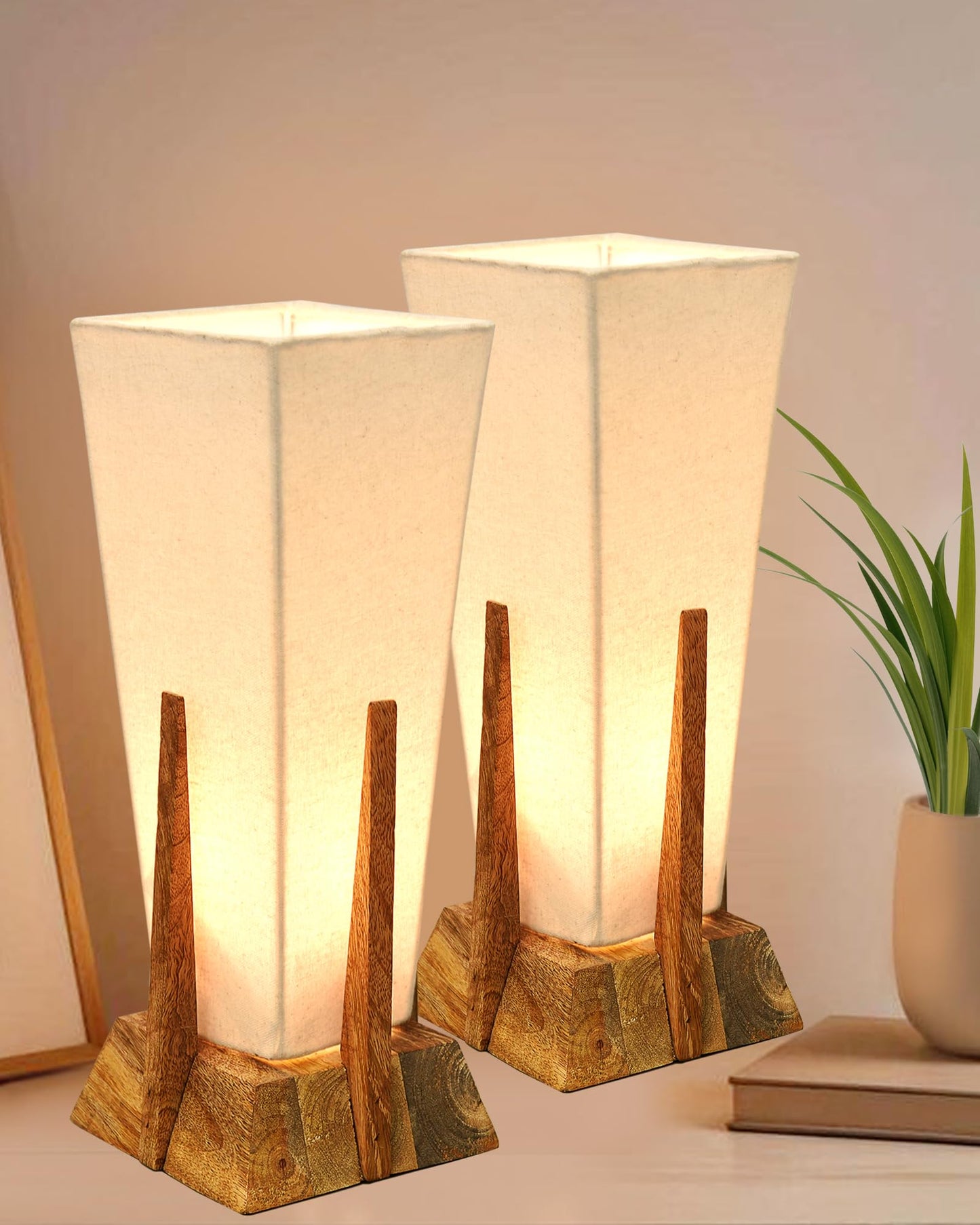 Homesake® Bedside Table Lamp, Retro Style  Wood Pyramid Table Lamp with Khadi Fabric Shade, Nightstand Mini Desk Lamps for Bedroom, Living Room, Baby Room, Bookcase SET OF 2