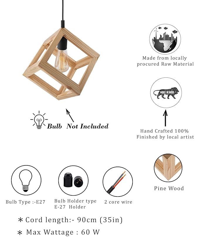 Modern Nordic Wooden Pendant Cube Light, with Silicon Holder, Restaurant Dining Kitchen Hanging Light with Fixture, LED/Filament