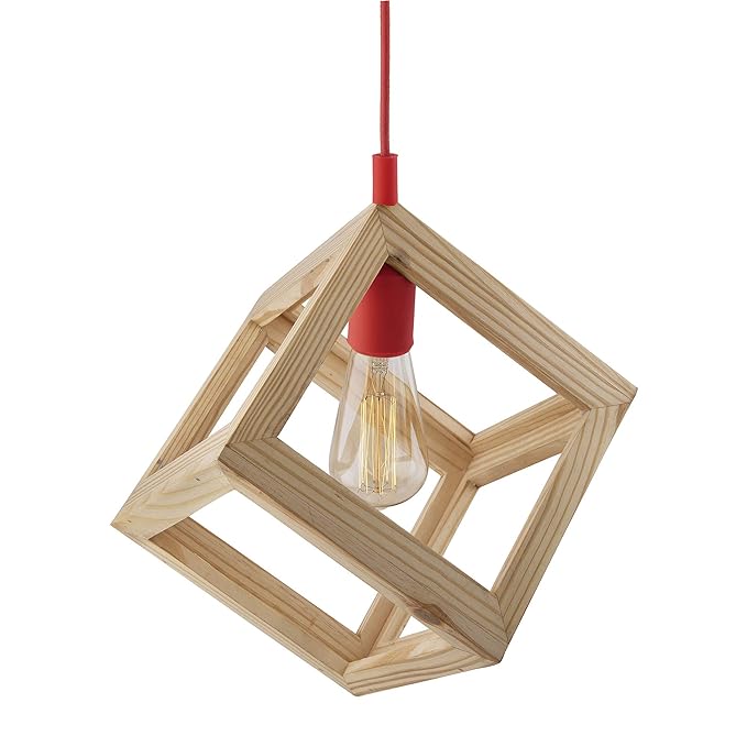Modern Nordic Wooden Pendant Cube Light, with Silicon Holder, Restaurant Dining Kitchen Hanging Light with Fixture, LED/Filament