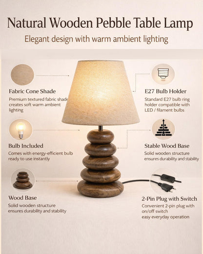 Wood Table Lamp French Country Rustic Bedside Desk Nightstand Lamp for Bedroom Living Room Office LED Bulb Included, Walnut Multi-Pebble