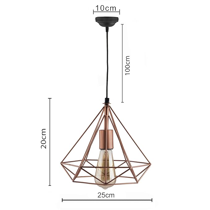 Copper Edison Filament Hanging DIAMOND Caged, E27 Holder,Ceiling Light for LED/Filament Bulb, Decorative, Urban Retro Style, Black Colour Metal