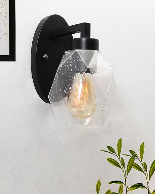 1-Light Wall Sconce Vanity Lighting Bathroom Lamp in Black with Hexa Glass Shades Wall Mounted Light Fixtures for Bedroom Stairs and Kitchen