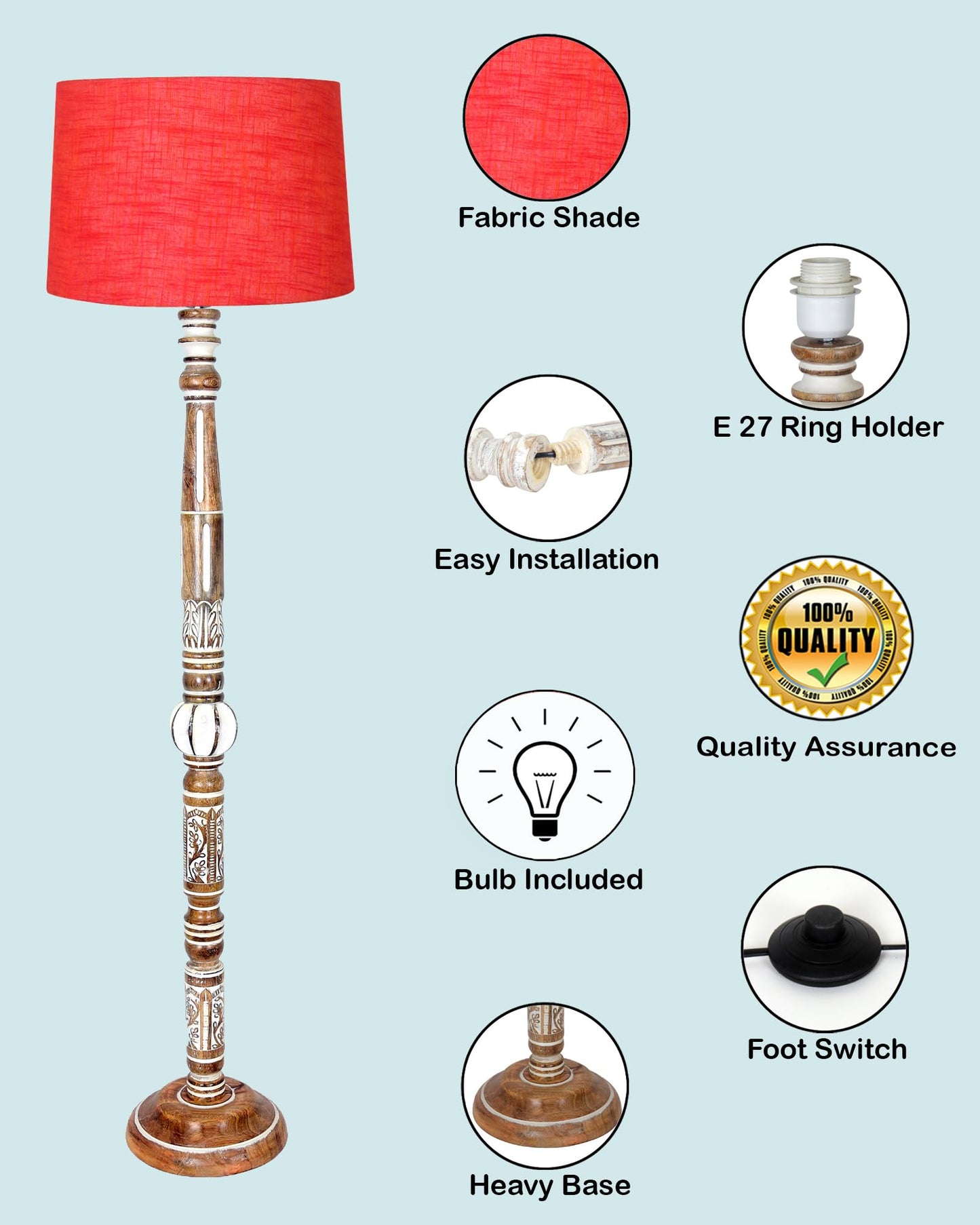 Royal Carving Antique white finish wooden floor lamp with Beige Fabric Lamp Shade