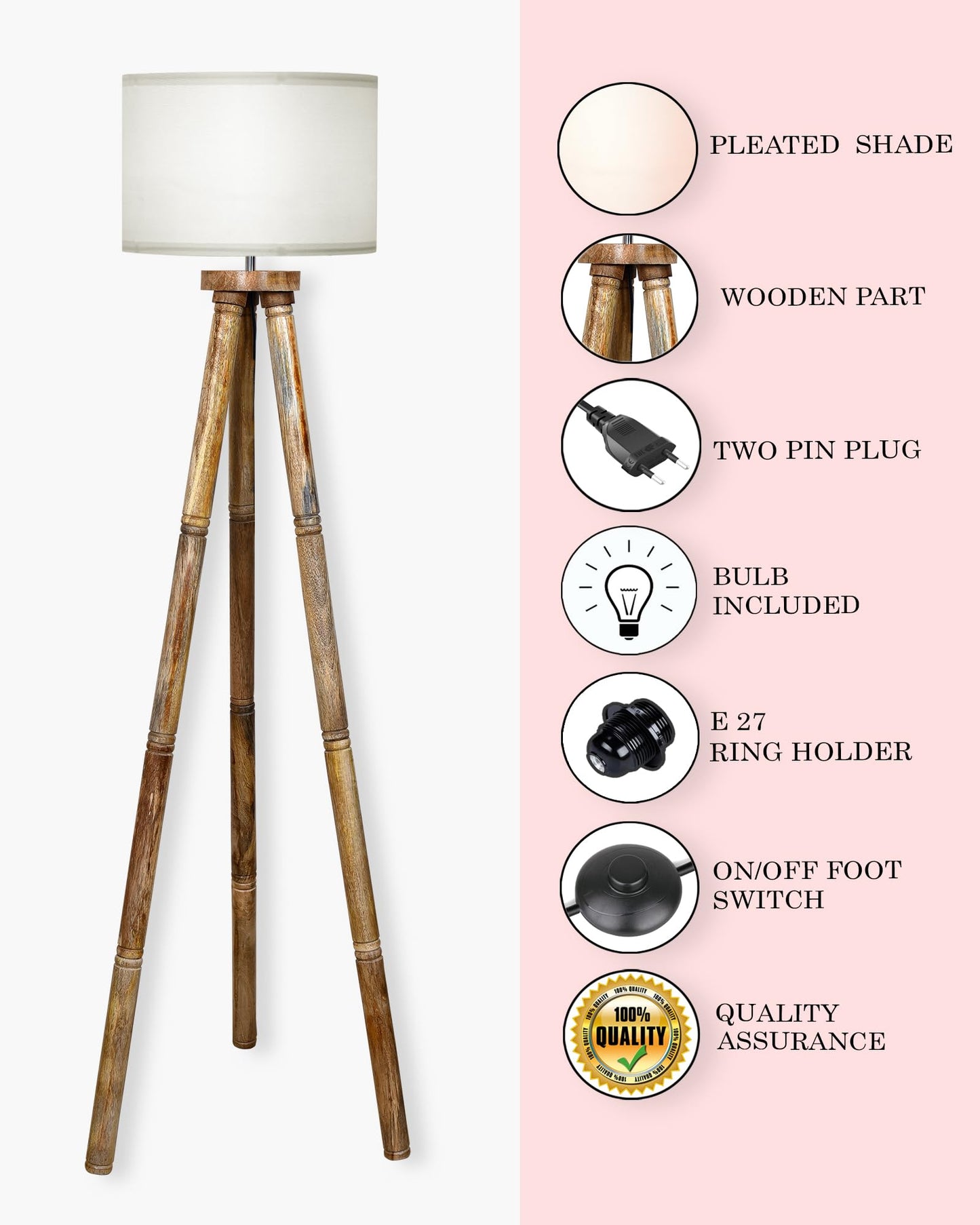 Wood Tripod Floor Lamp, Mid Century Standing Lamp, E27 Lamp Base, With shade Modern Design Floor Reading Lamp for Living Room Bedroom, Study Room and Office