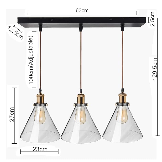 3-Lights Linear Cluster Chandelier Modern Glass Cone Shaped Hanging Light, Antique Socket, E27 Holder, Decorative, Black, URBAN Retro, Nordic Style