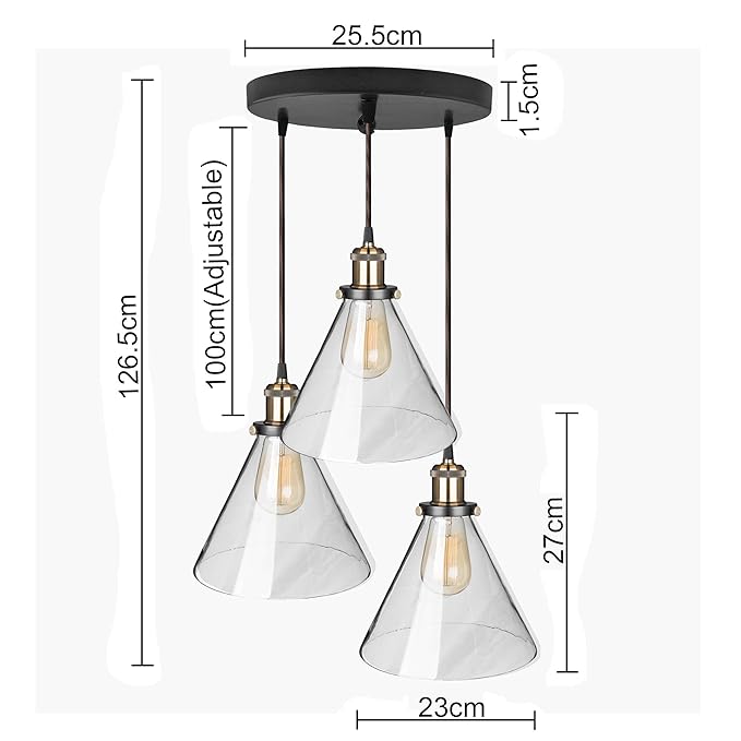 3-Lights Round Cluster Chandelier Modern Glass Cone Shaped Hanging Light, Antique Socket, E27 Holder, Decorative, Copper, URBAN Retro, Nordic Style