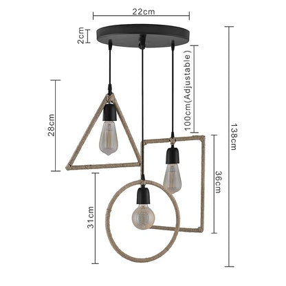 3-Lights Round Cluster Chandelier Hemp Rope Rectangle, Triangle, Round Hanging Pendant Light with Braided Cord