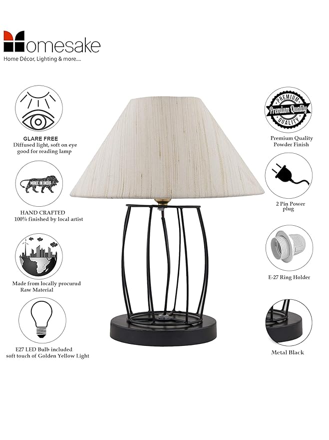 Modern Table Lamp, Metal Wire Cage Base with Long Fabric Cone Shape Lampshade for Home Office Cafe Restaurant