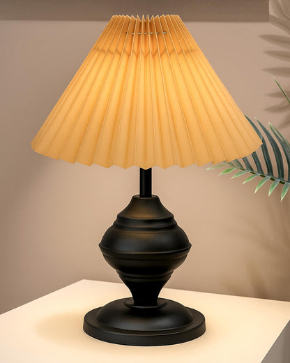 Homesake® Bedside Black Metal Table Lamp With Fabric Shade,Incandescent,E27 Holder,Urn,Desk Lamp,Night Lamp,Office,Nightstand,Table Lamp For Living Room,Study Room,Kids Room,Pleated