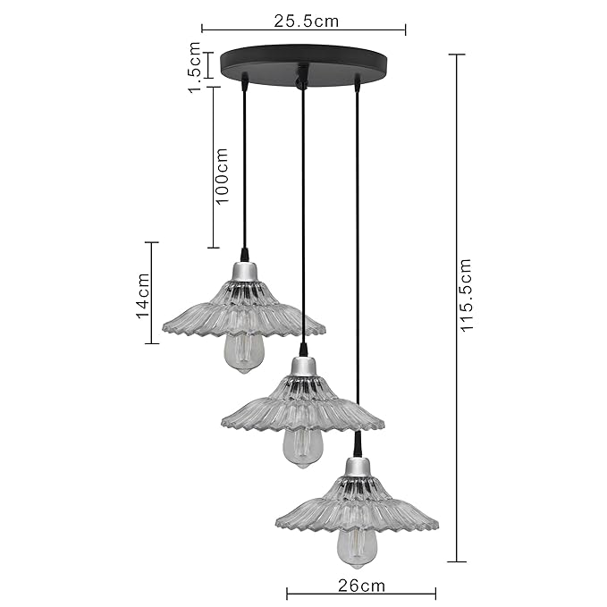 3-lights Round Cluster Chandelier Ceiling Ribbed Glass Hanging Pendant Light with Braided Cord, URBAN Retro, nordic style, LED/filament bulb