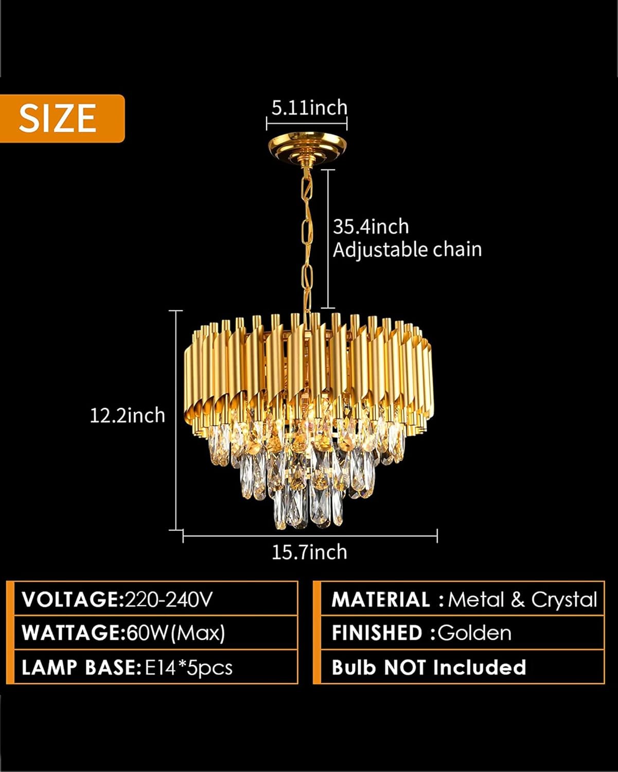 15" 5-Light Modern Crystal Chandelier Light Fixtures 3-Tier Gold Luxury Chandeliers for Dining Room Round Hanging Pendant Lighting for Living Room Kitchen Entryway, Bedroom Hallway 400mm