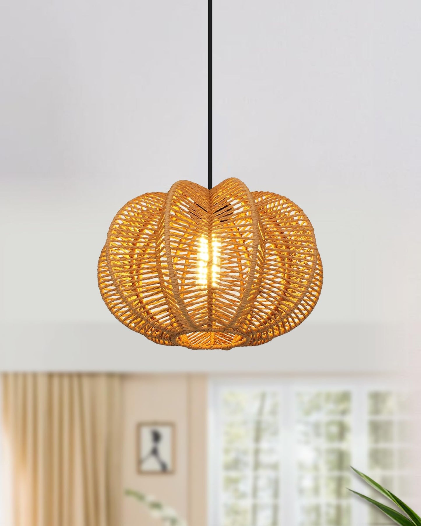 Homesake® Rattan Seagrass Raffia Kauna Paper Grass Wicker Lamp Premium Pendant Light | Livra Hanging Ceiling Lamp Handwoven, Paper Rope Boho Hand-Woven Lampshade for Home Decor, Beige, pumpkin