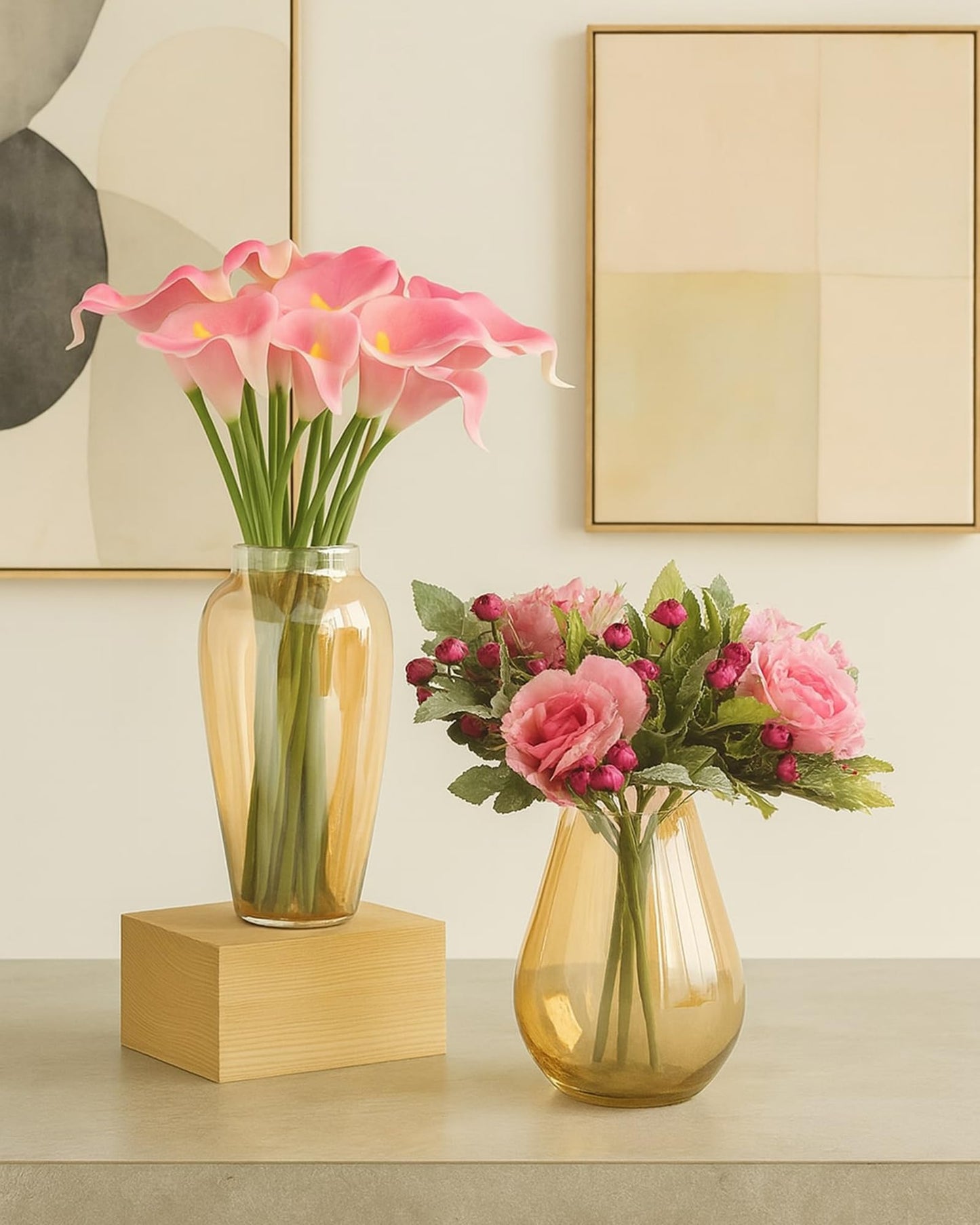 Set of 2 Flower Vase for Flower Plants Glass Vase Pot for Living Room Home Decor Dining Table Decoration Water Plants Bedroom Hall Aesthetic House Warming Gift, Amber Gold