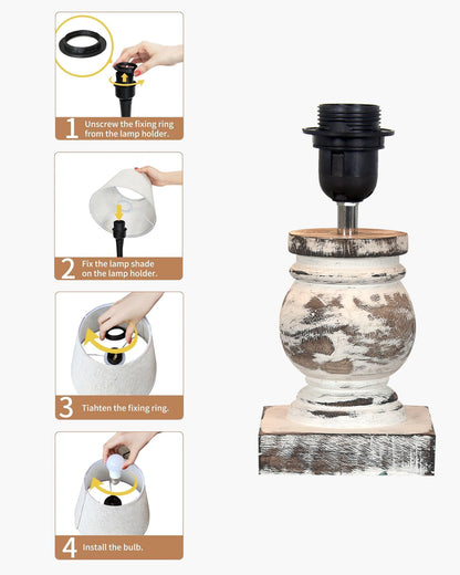 Small Table Lamp for Bedroom Whitewash Distress Living Room Simple Retro Wood Grain Farmhouse Bedside Lamps Suitable for Nightstand, Gift, Trophy, Jute Shade