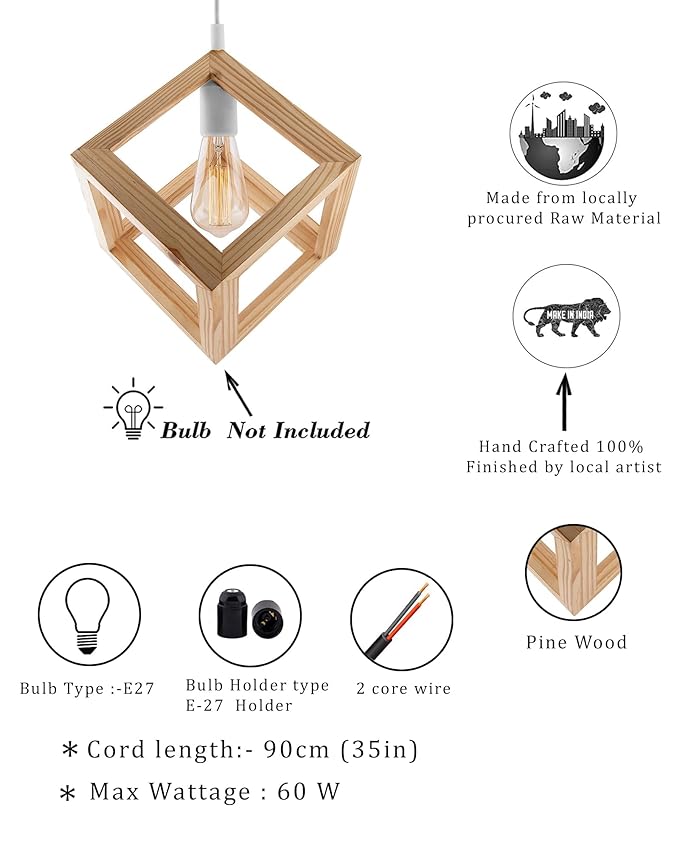 Modern Nordic Wooden Pendant Cube Light, with Silicon Holder, Restaurant Dining Kitchen Hanging Light with Fixture, LED/Filament