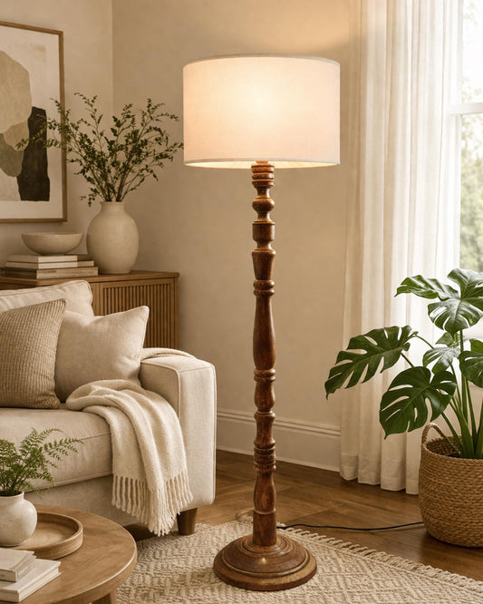Rustic Wood Floor Lamp in Walnut Brown with Multicolor Fabric Lamp Shade | Light Decoration for Home Corner | Living Room & Bedroom Bedside Floor Lamp, Antique Floor Light, Candlestick , Bird