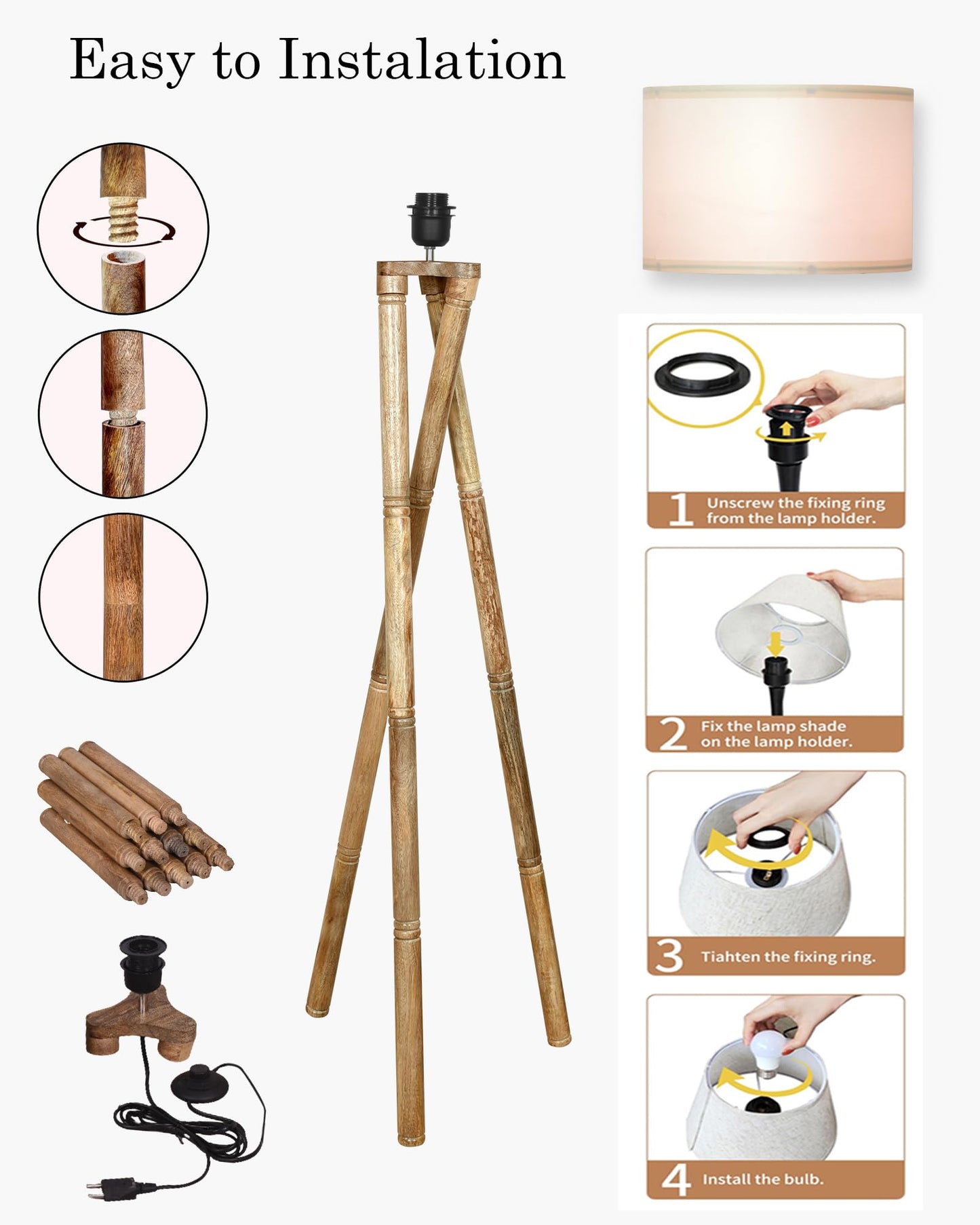 Cross-leg Wood Tripod Floor Lamp, Mid Century Standing Lamp, E27 Lamp Base, With Shade Modern Design Floor Reading Lamp for Living Room Bedroom, Study Room and Office