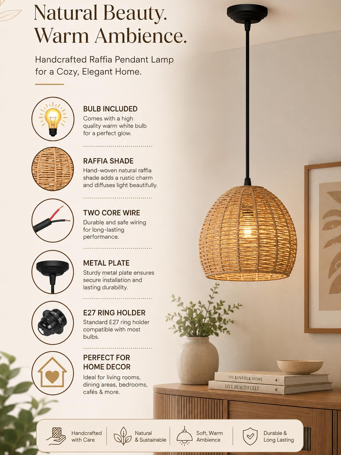 Seagrass Chandelier Hanging Lamp Natural Rattan Weaving Single Light Fixture Rustic Pendant Light for Kitchen Dining Room Restaurants Bars, Natural Texture, Bottle