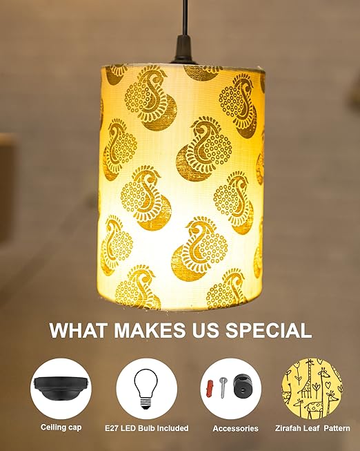 Golden Leaf Hanging Cylinder Lamp Shade, Decorative Light Lamp for Living Room, Home, Bedroom