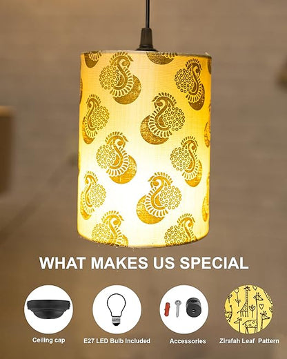 Golden Leaf Hanging Cylinder Lamp Shade, Decorative Light Lamp for Living Room, Home, Bedroom