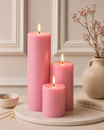 Pillar Candles Set of 3, Width 2" High 2" 4" 6" Large Paraffin Soy Wax Pillar Candles Aesthetic Modern Home Decor for Bathroom Living Room Diwali Gifts (Pink)